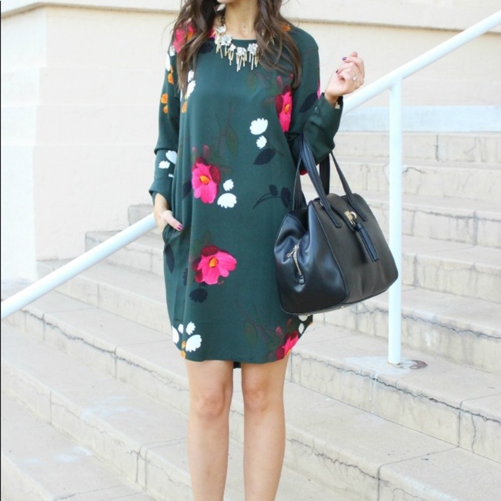 Joe Fresh Forest Green Dress w/flowers sz 6